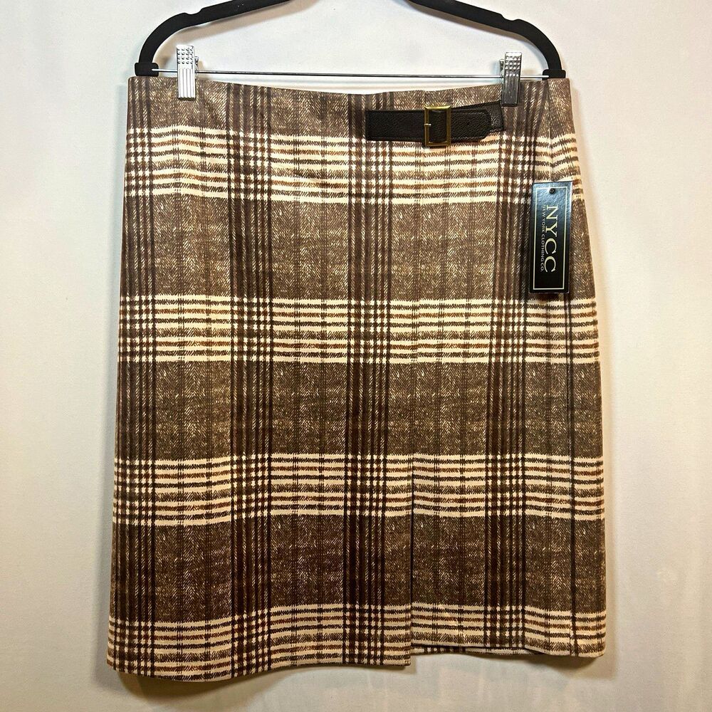 NYCC New York Clothing Co. Women's Pencil Skirt NWT Brown Plaid Tweed Size Large